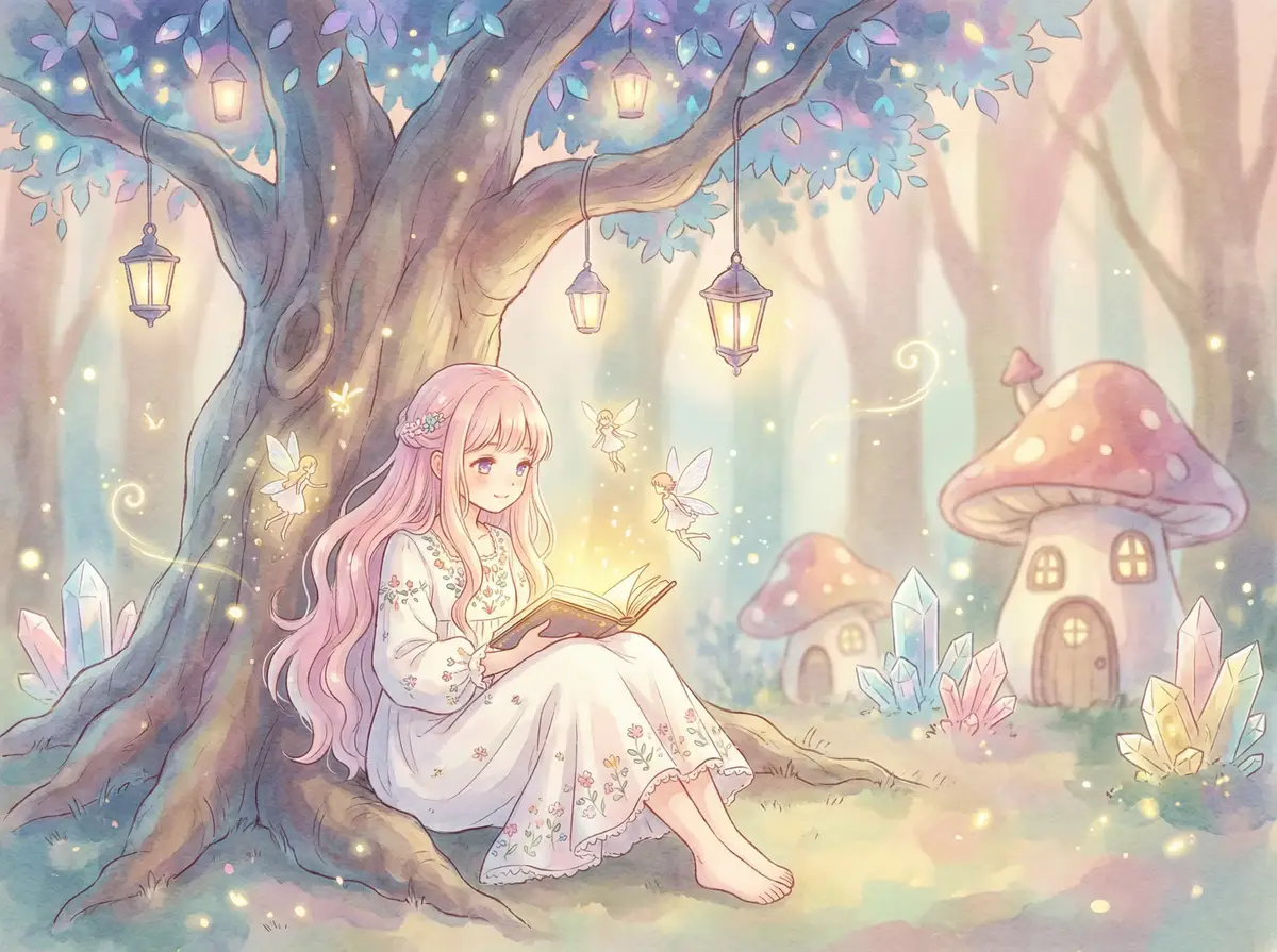 少妇白洁小说 - 魔法森林中阅读故事书的粉发少女与精灵